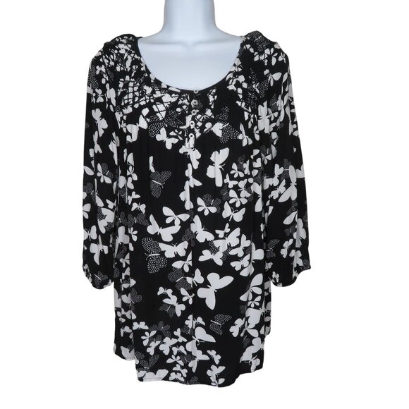 Talbots Womens Black White Butterfly 3/4 Sleeve Tunic Top S Crochet Detail - Picture 6 of 12